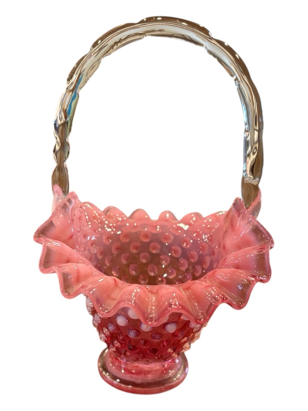 Fenton Pink Hobnail Glass Basket with Ruffled Edge